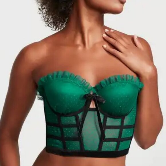 Victoria Secret Bra 32C Dream Angels Bustier Long Line Green Black Boned Ruffle - Picture 2 of 14